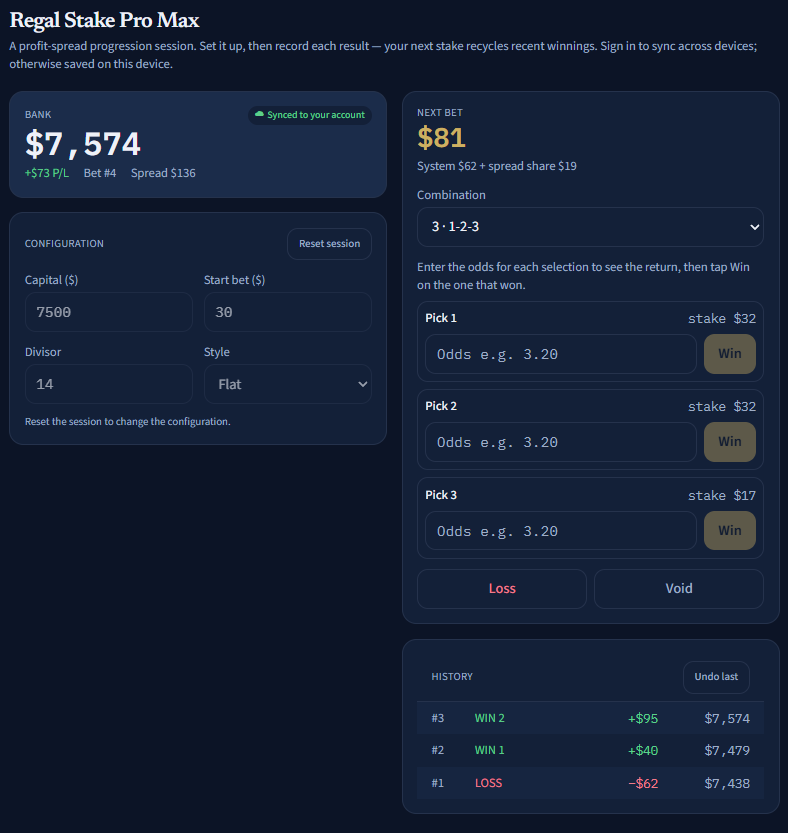 Regal session — next bet and profit spread